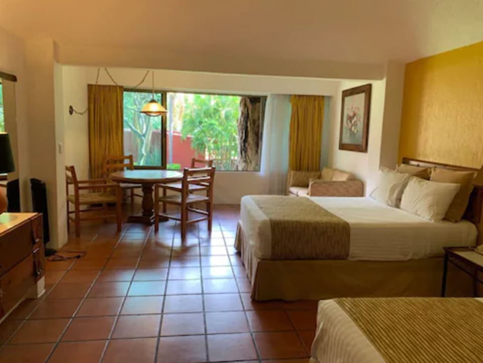 Double Room, 2 Double Beds, Garden View | In-room safe, desk, laptop workspace, iron/ironing board