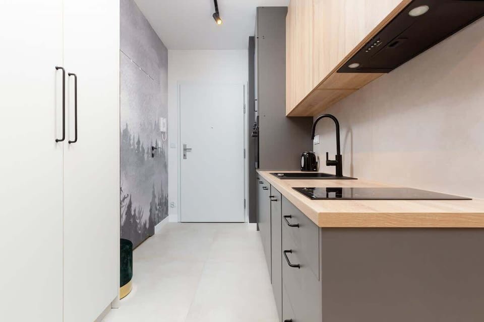 Kitchenette with plenty of kitchen utensils and dishes. 