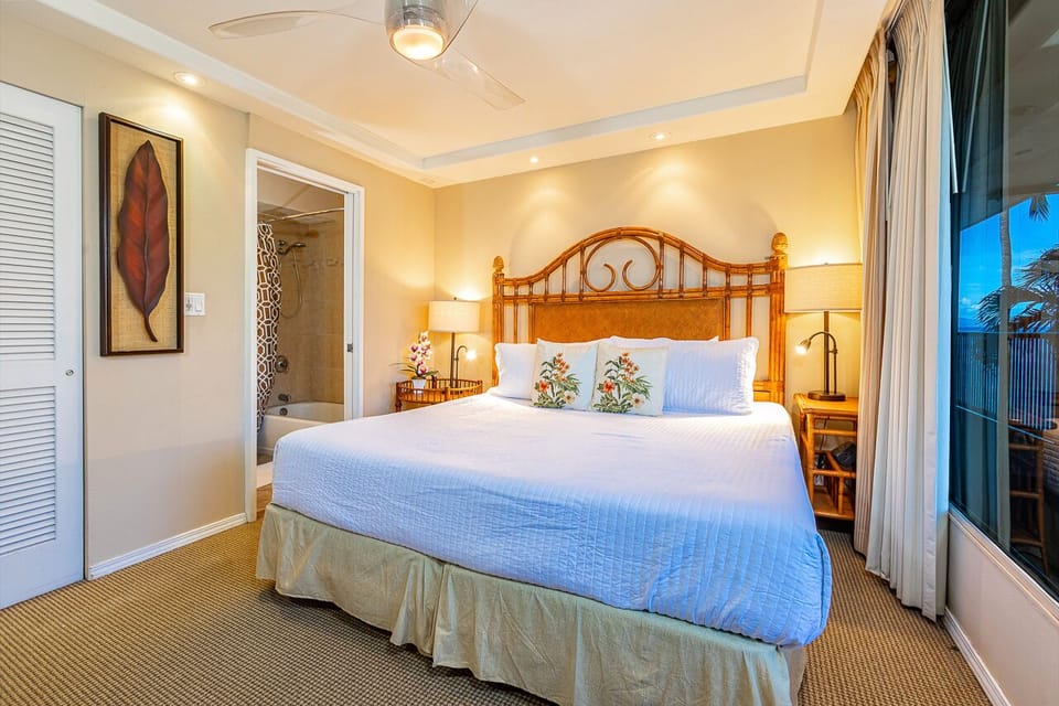 Primary bedroom features a comfortable King bed. 