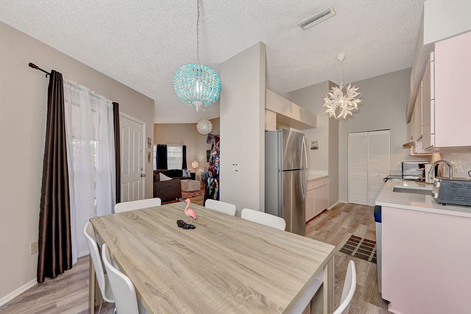 The Flamingo House's eat-in kitchen makes serving and entertaining a breeze