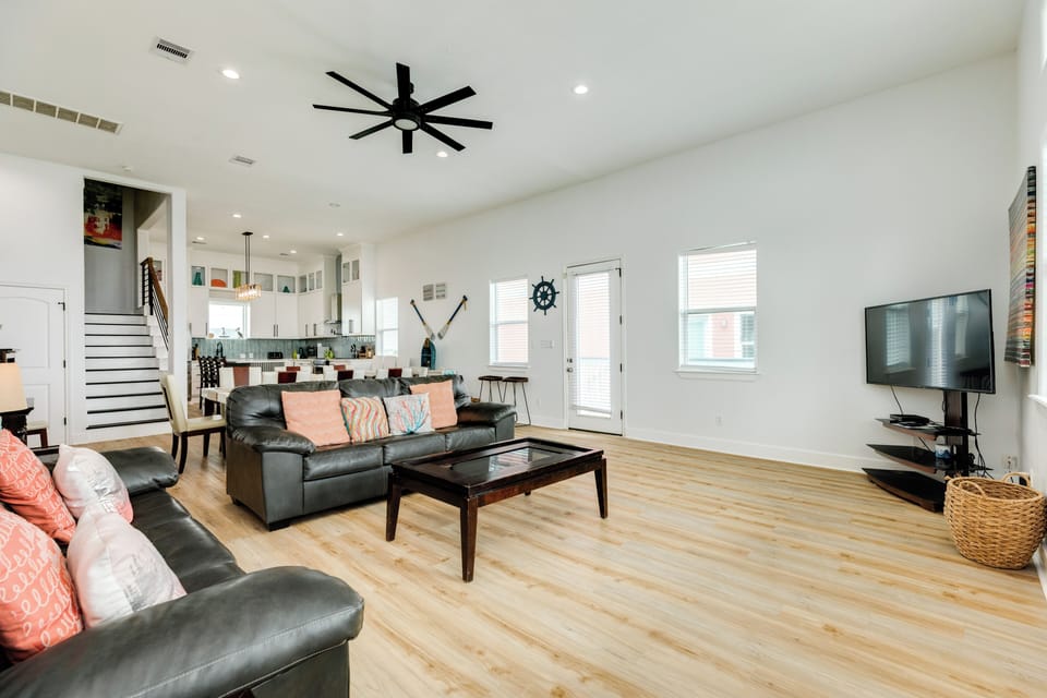 Bright and airy living room with wall of windows