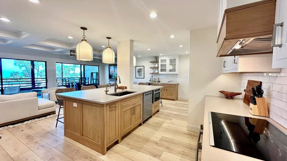 The fully-equipped kitchen is beautifully appointed.