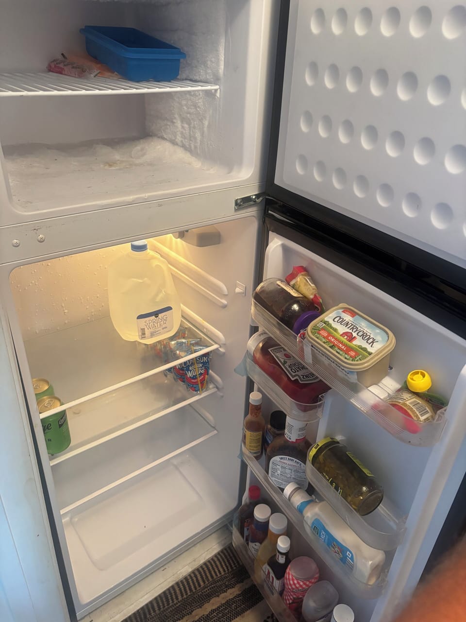 Fridge is usually stocked with condiments and such.