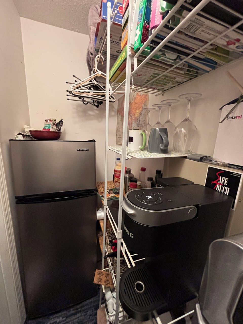 Fridge, mugs, wine glasses, 12 coffee types 