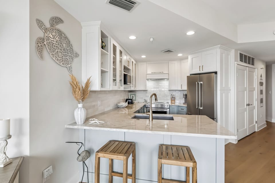 Kitchen with countertop seating.
