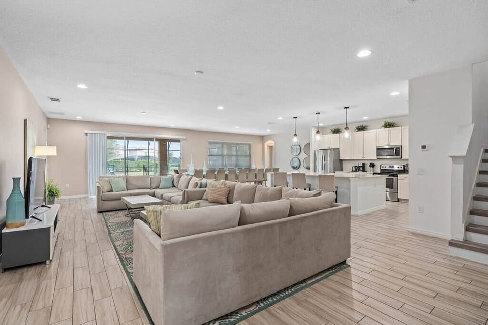 Massive gathering, lounging, dining area downstairs