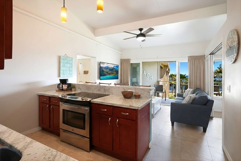 Another angle of the kitchen and living room area
