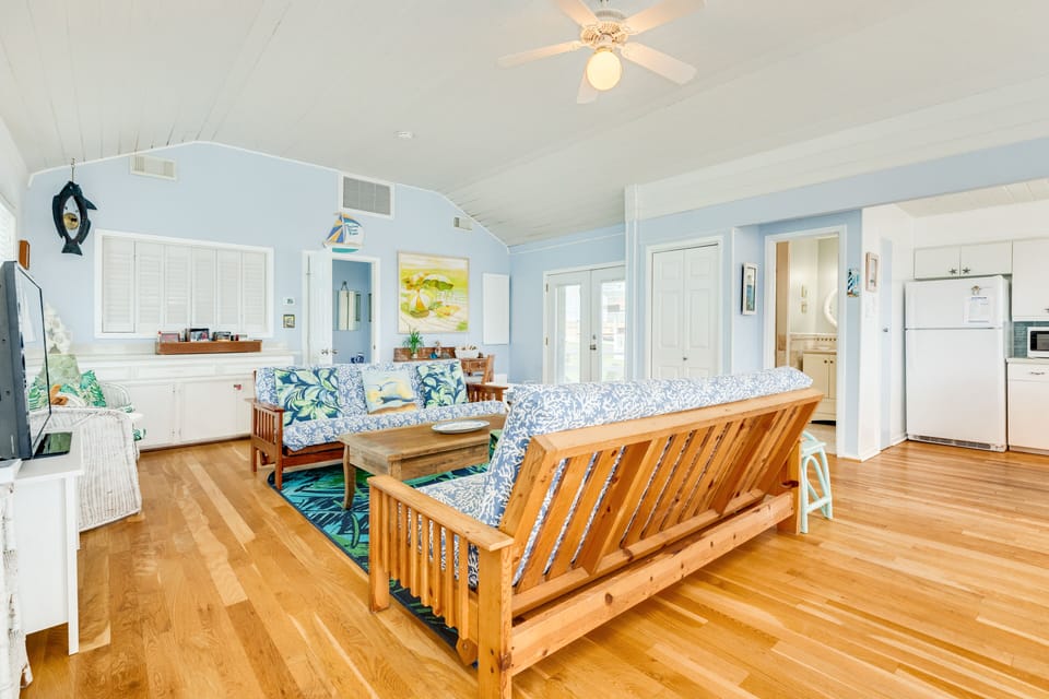 Living area opens up to the nearby kitchen