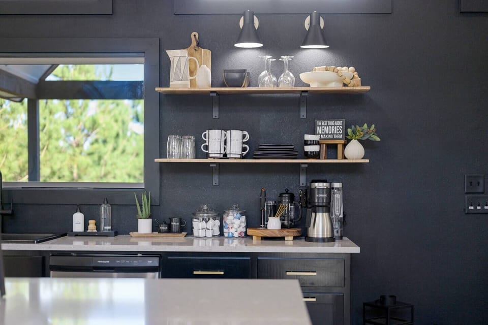 Stunning fully stocked kitchen with full coffee bar (Keurig K Duo & Nespresso, french press, coffee grinder, frother) with Donut Shop K cups, Public Goods Organic Ground Coffee, sugar packets, creamer, & an assortment of Public Goods Organic teas included.