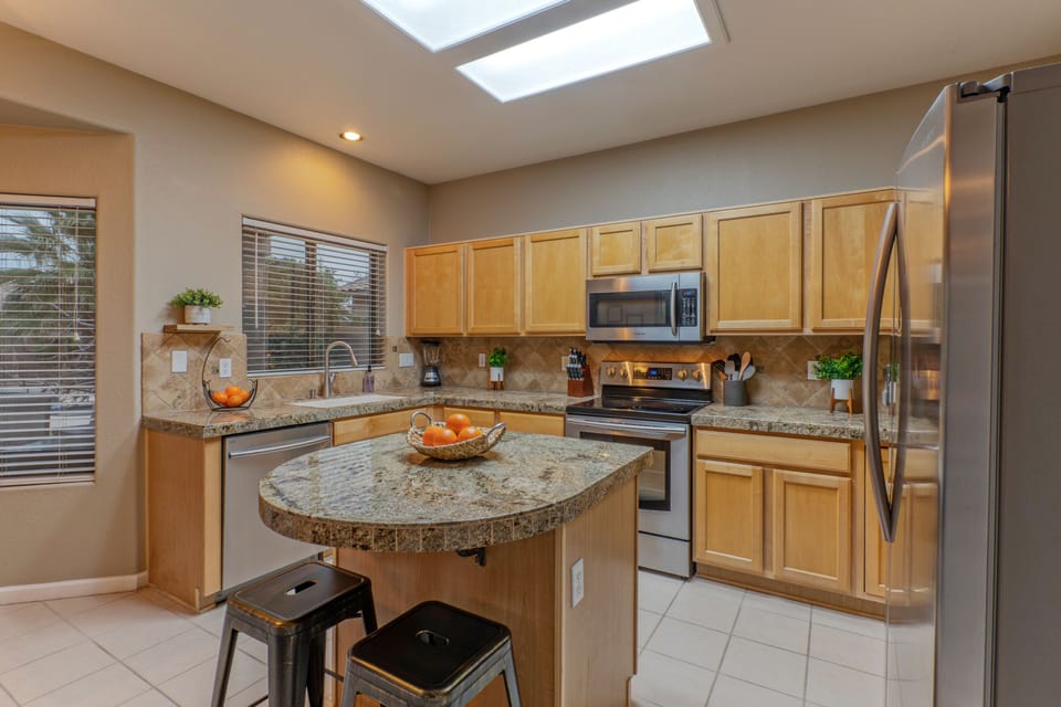 Well stocked, modern kitchen has all the culinary tools the chef needs to prepare and serve feasts.