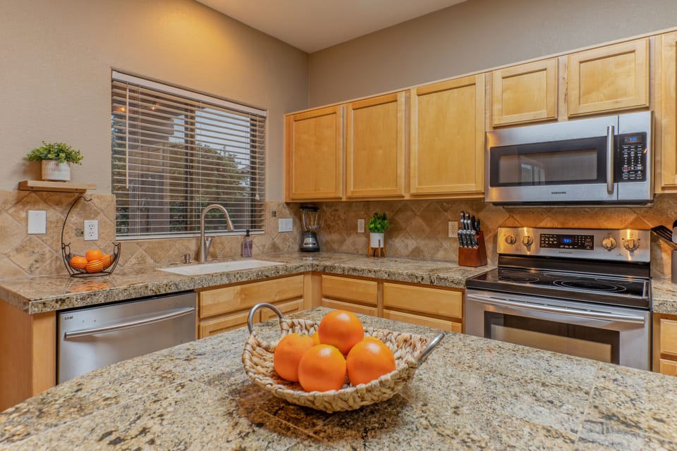 Kitchen counter space is generous for prepping and serving your healthy, home cooked meals.
