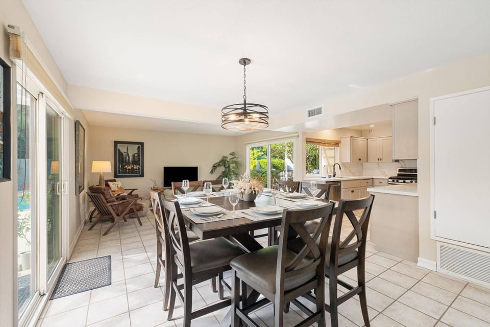 Modern kitchen and high dining table—where good food and good times meet!