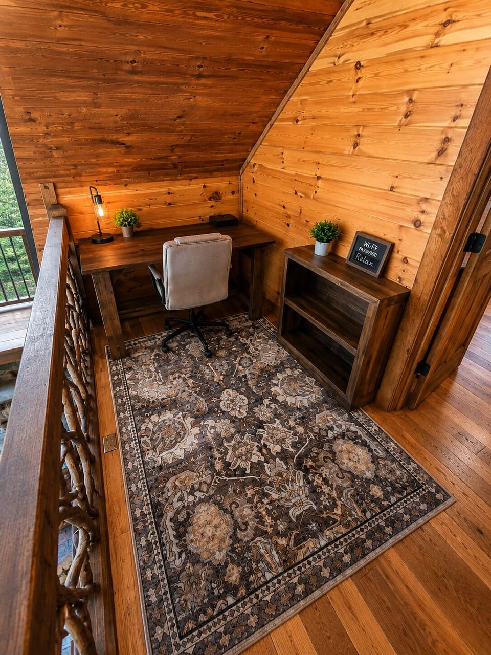Warm wood finishes and mountain charm create the perfect remote-work retreat. This cozy loft workspace features a dedicated desk, comfortable chair, soft lighting, and peaceful wooded views—ideal for working, reading, or planning your next adventure.
