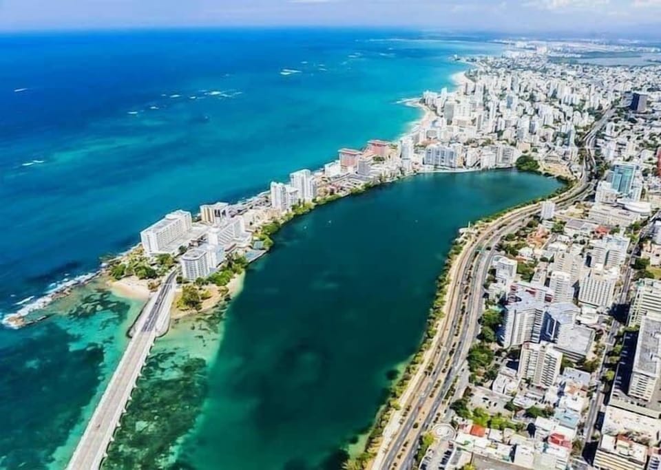 Aerial view of the Condado Lagoon bay to go kayaks & paddle board