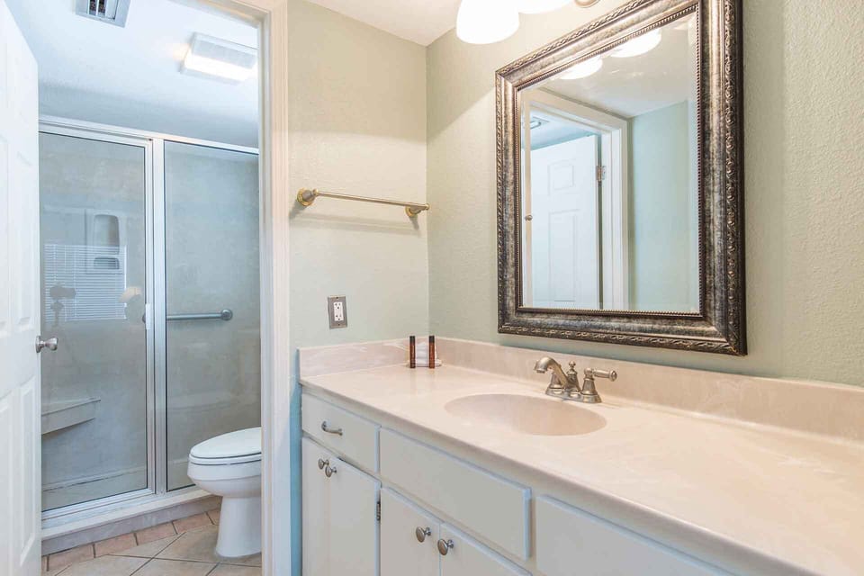 Our primary bathroom has a delightful amount of space to unpack your toiletries. 