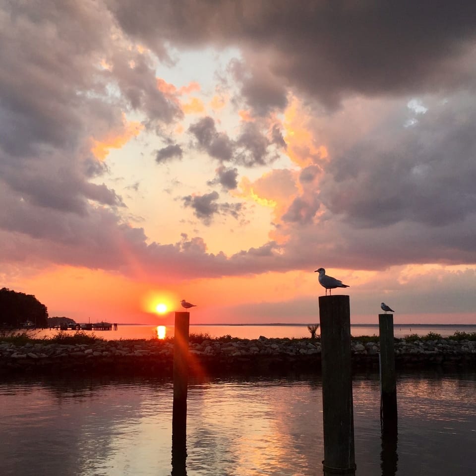 Sunset from the fishing pier, with jetty in the background.