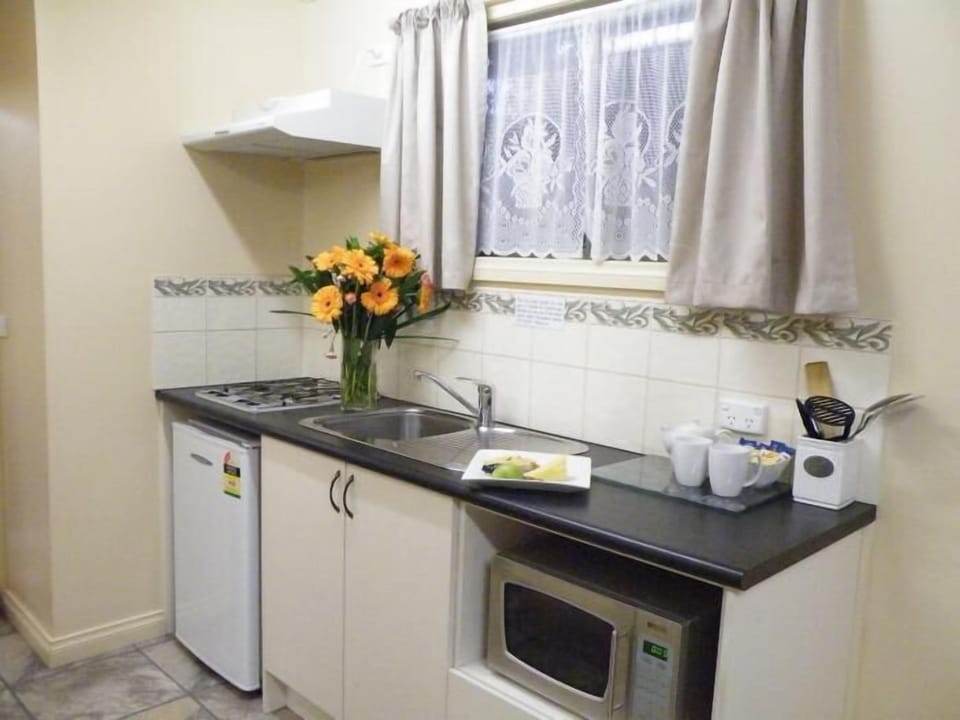 Full-size fridge, microwave, stovetop, coffee/tea maker