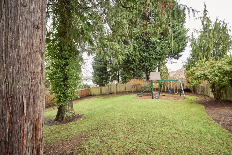 A PNW backyard with a playset. 