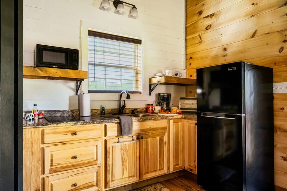 Microwave, 2-burner cooktop & refrigerator.