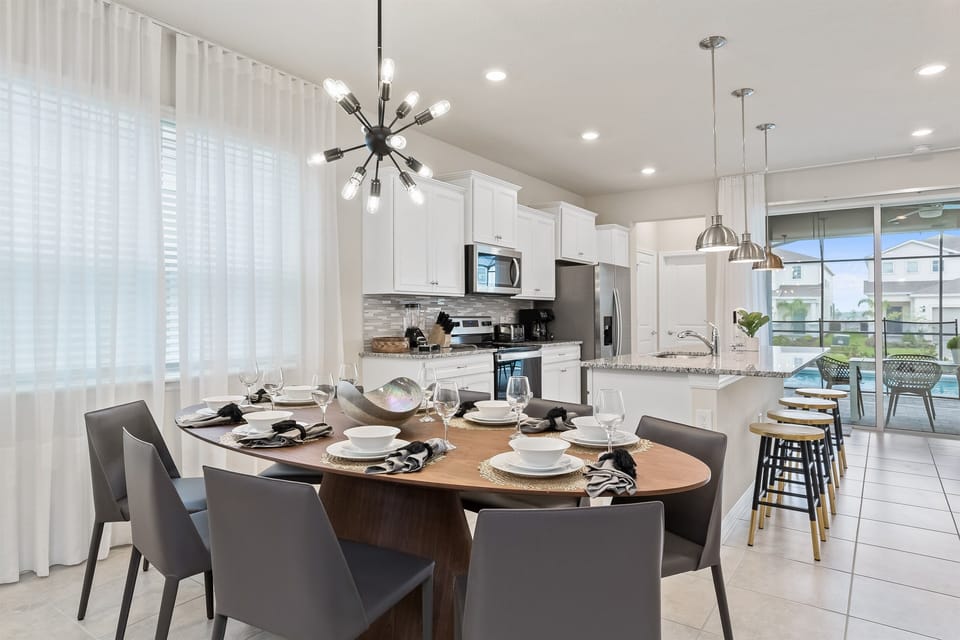 Dining table with seating for 8 and gorgeous chandelier