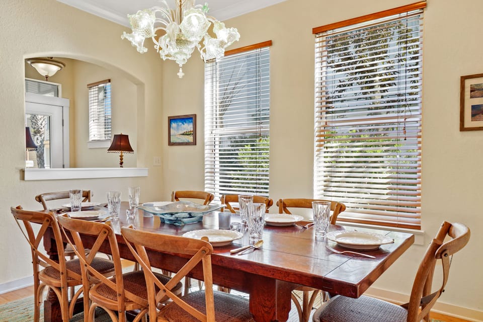 Dining room with Mirano Glass chandelier. 