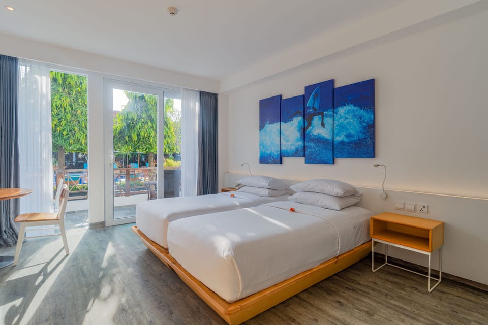Premium Room, 2 Twin Beds, Pool View | Minibar, in-room safe, desk, laptop workspace