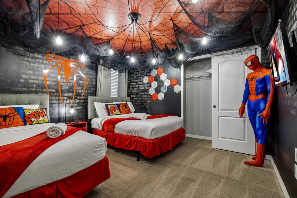 This Spiderman bedroom is an epic fan favorite with 1 full and 1 twin