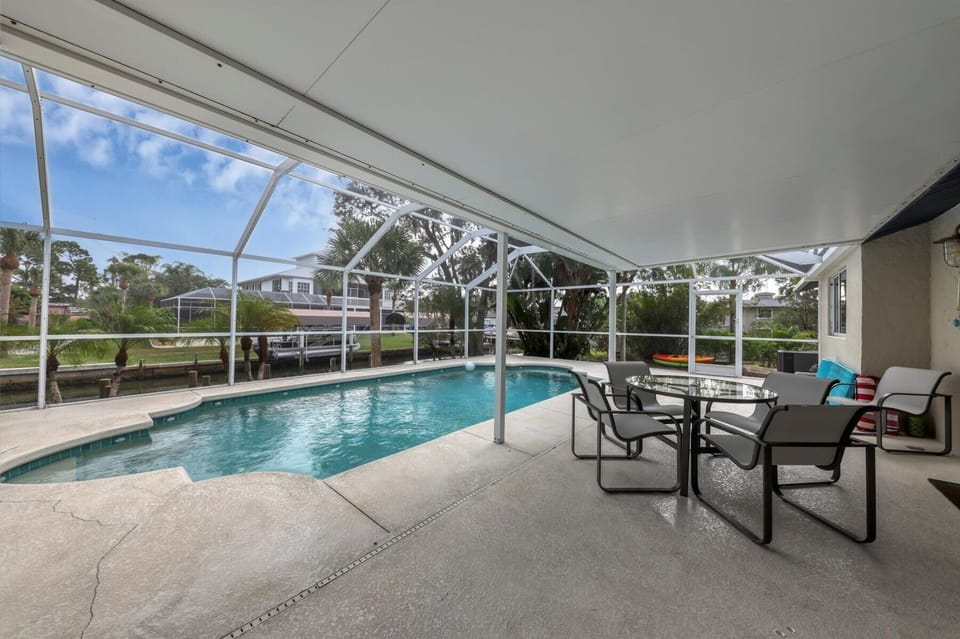 Poolside relaxation overlooking the canal