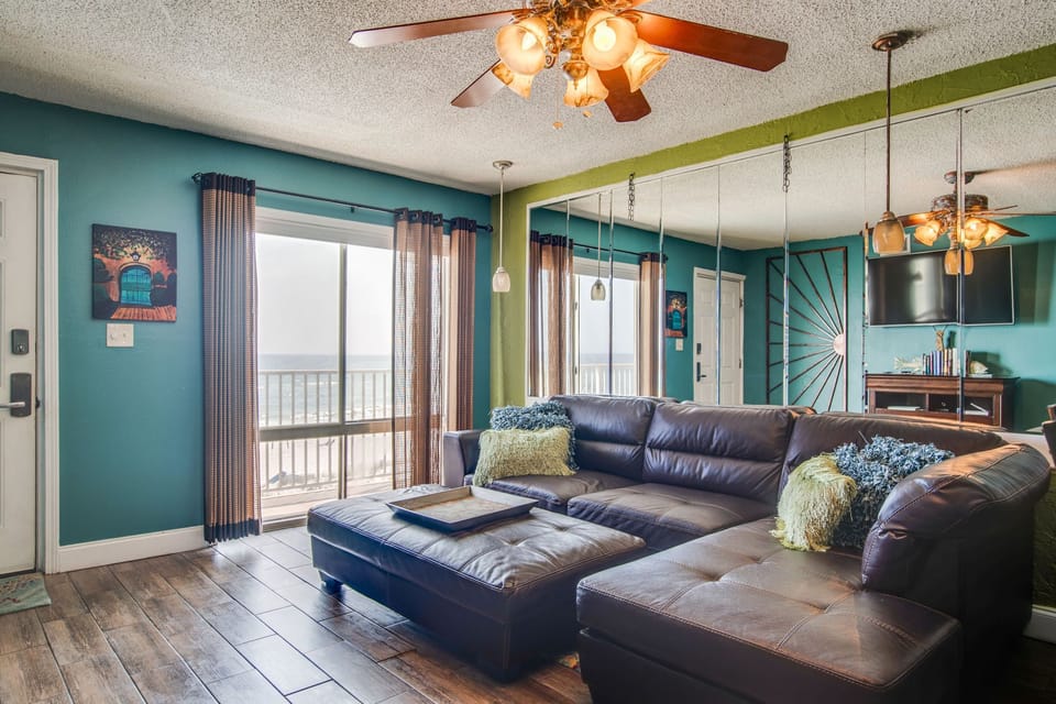 living room with large beach view window