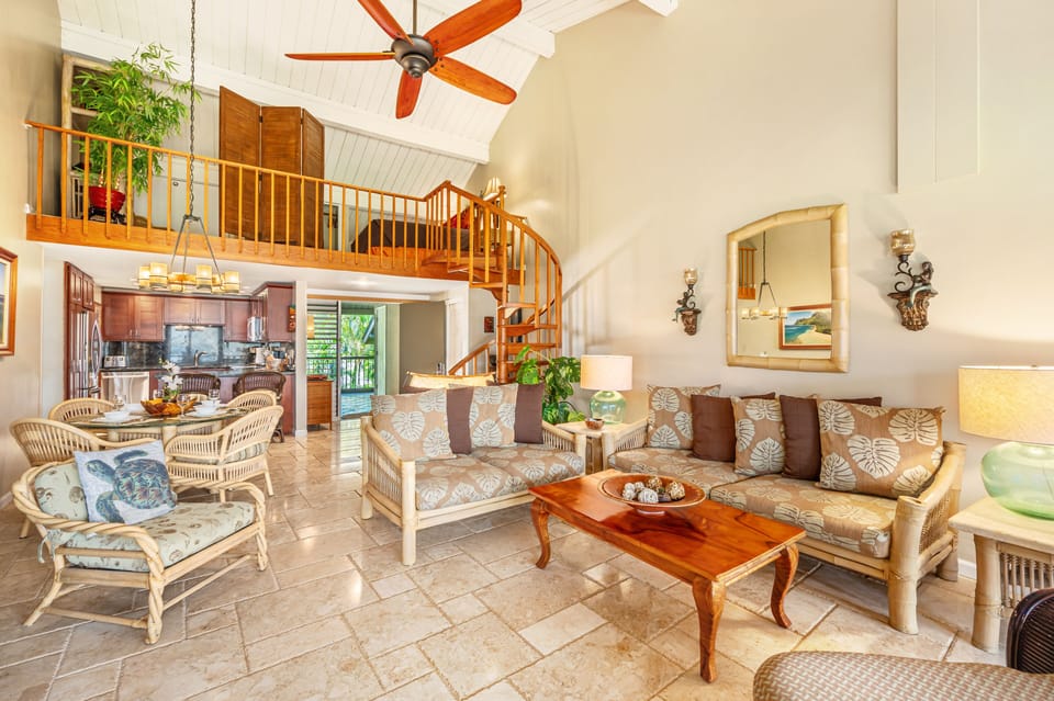 Living room and view of loft space