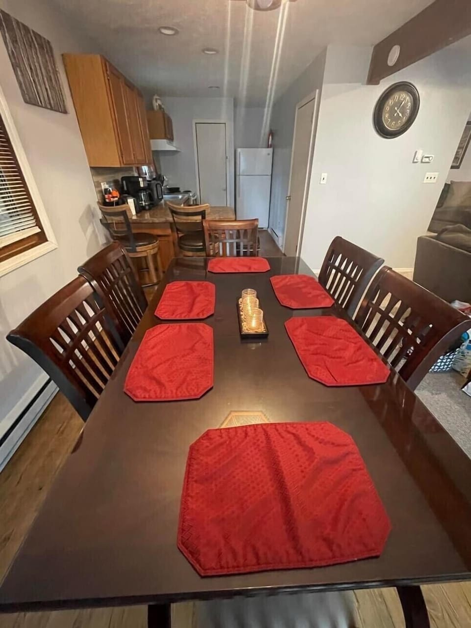 Dining view with the  kitchen in the background 