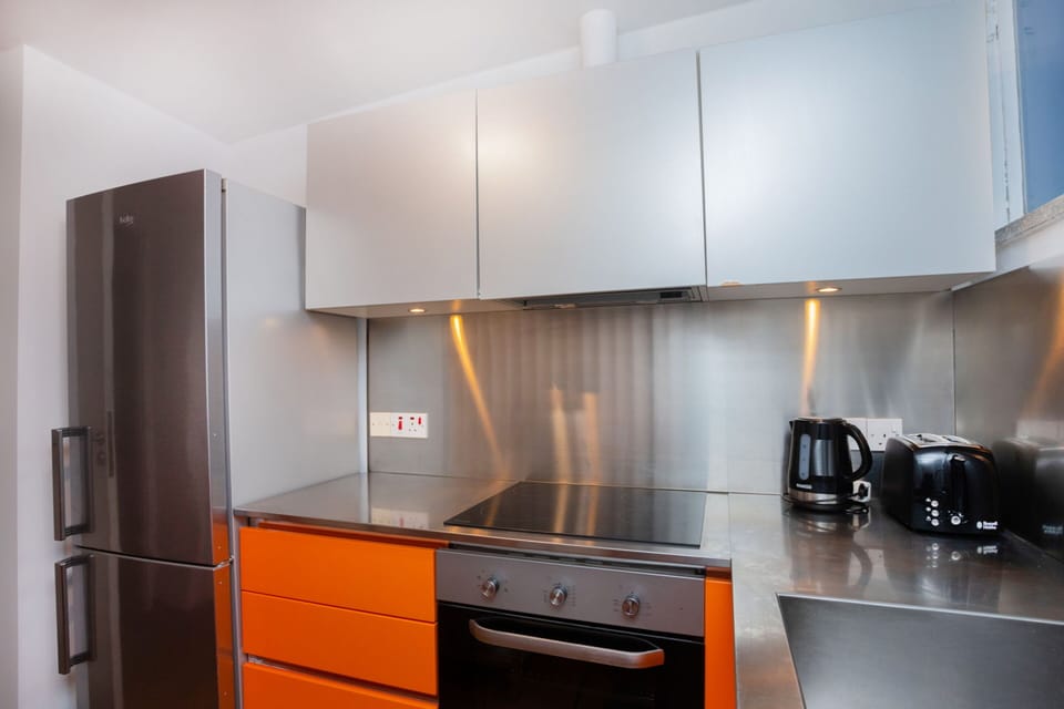 Design Penthouse | Private kitchen | Full-size fridge, microwave, oven, stovetop