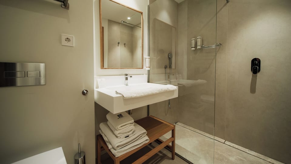 Hair dryer, towels, soap, shampoo