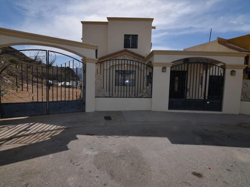 See the front entrance and parking area at Casa Portobello in San Felipe Baja California Mexico — easy access and secure parking.