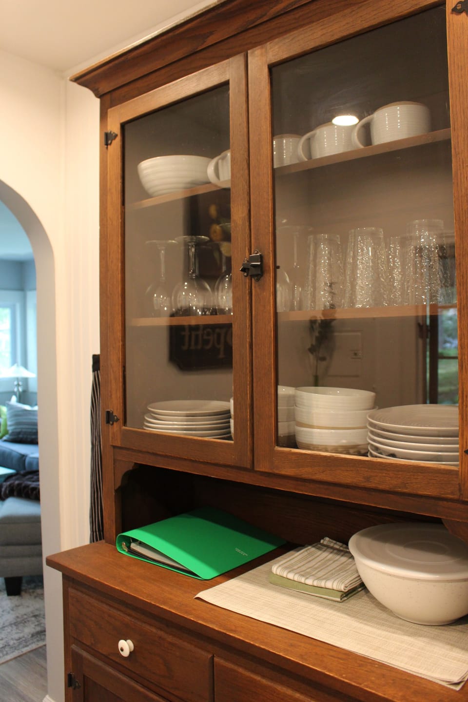 Fully stocked kitchen.  Dishes, glasses, serving bowls/platters, pots and pans