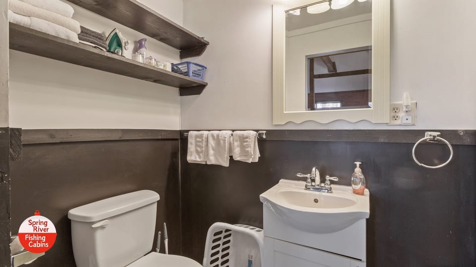 Bathroom has a shower, iron and board, as well as hair dryer. 