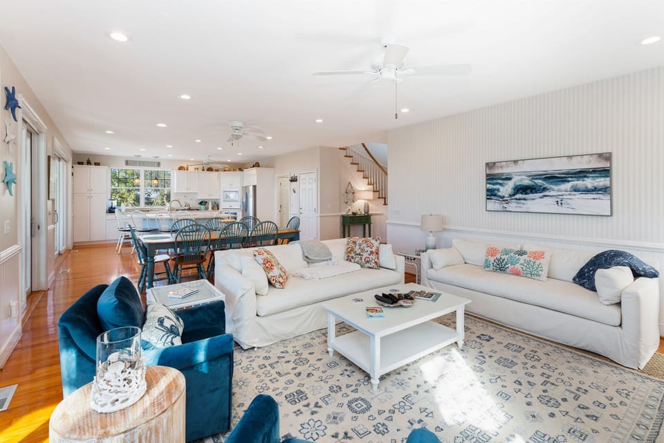 Open Family Room with Dining and Kitchen