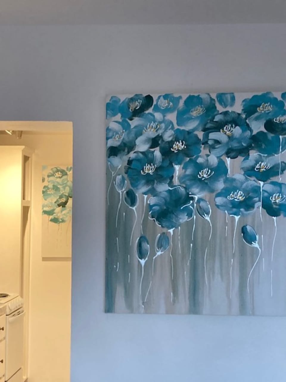 Living / Kitchen Area with Exotic Painting of Water Lillies Flowers