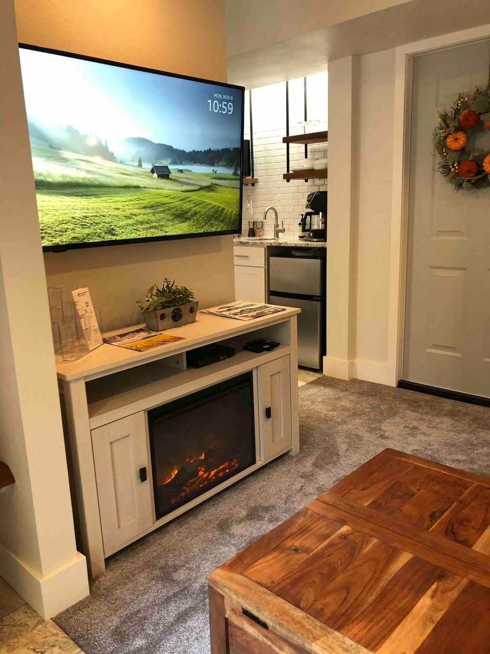 Smart TV w/ streaming, Bluetooth player, electric fireplace w/heater. 