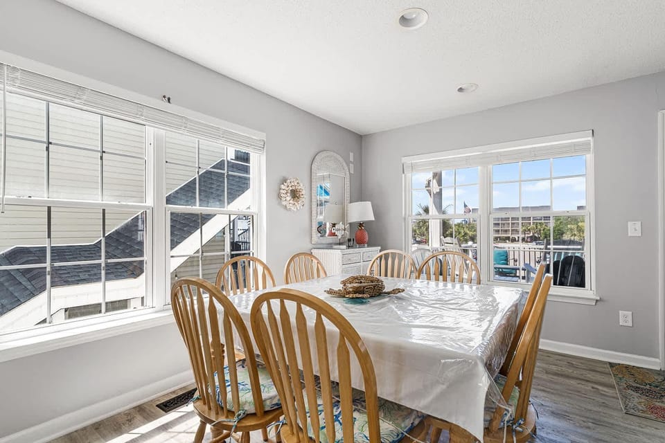 Bright dining area with garden views and natural light