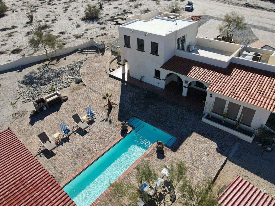 See the full property from above — private pool, backyard sundeck, and mountain views at Casa Rocky Point in El Dorado Ranch San Felipe BC Mexico