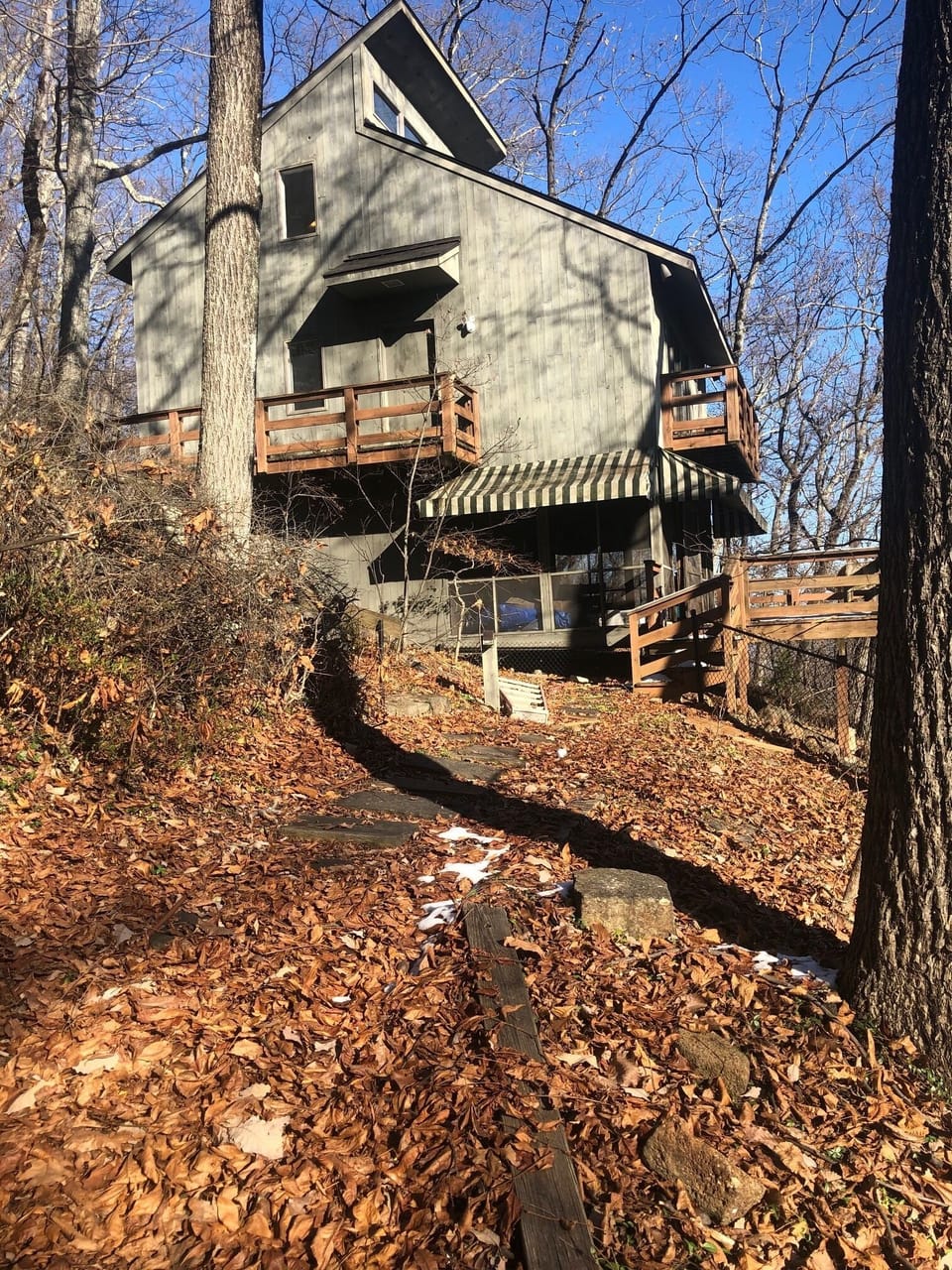 outside walking up to cabin.