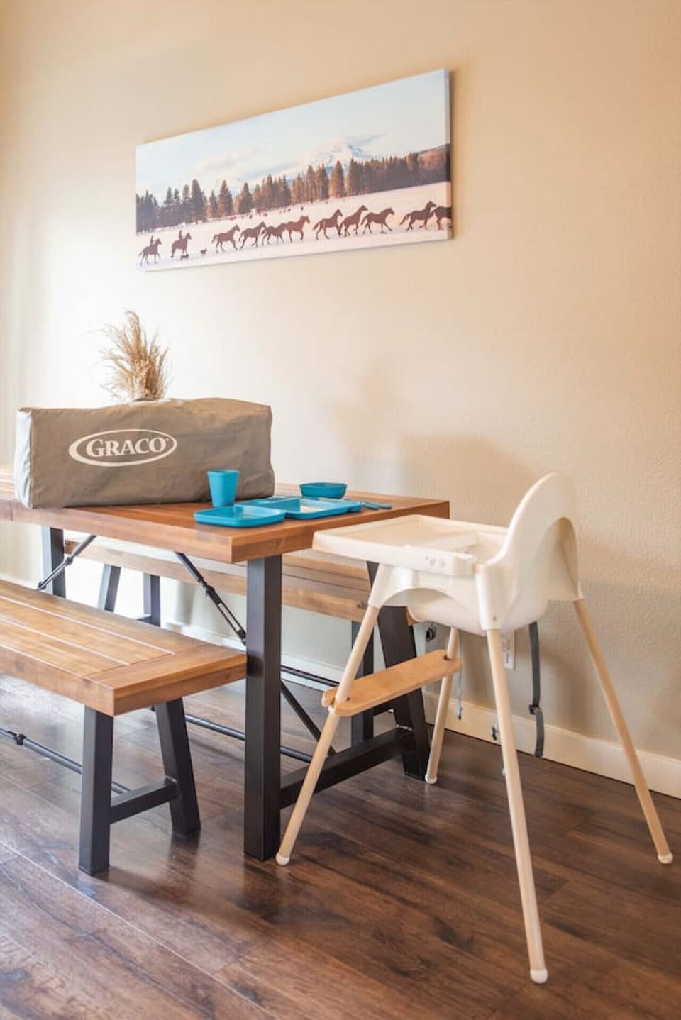 High chair, Pack `n Play, and kid-friendly dishes all on hand for families