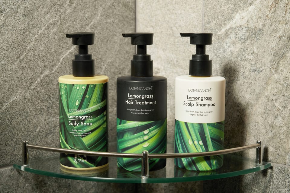 Separate tub and shower, free toiletries, hair dryer, bathrobes