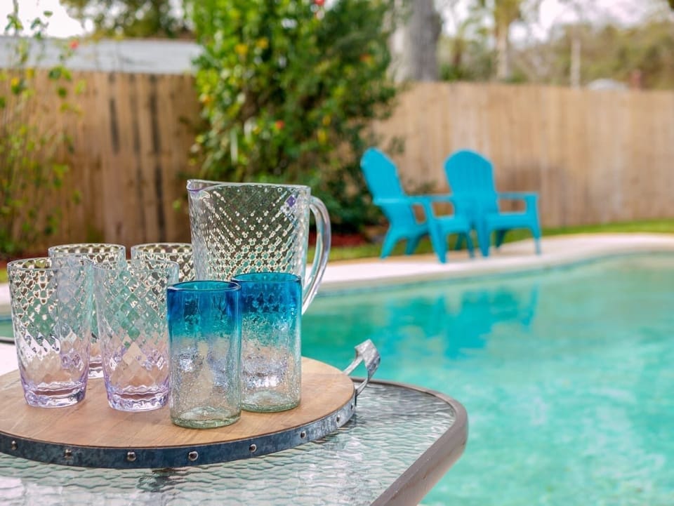 Poolside plasticware provided - safe & convenient for outdoor dining