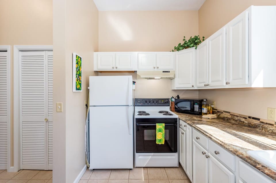 Fully outfitted kitchen w/ refrigerator, electric stove, dishwasher & microwave