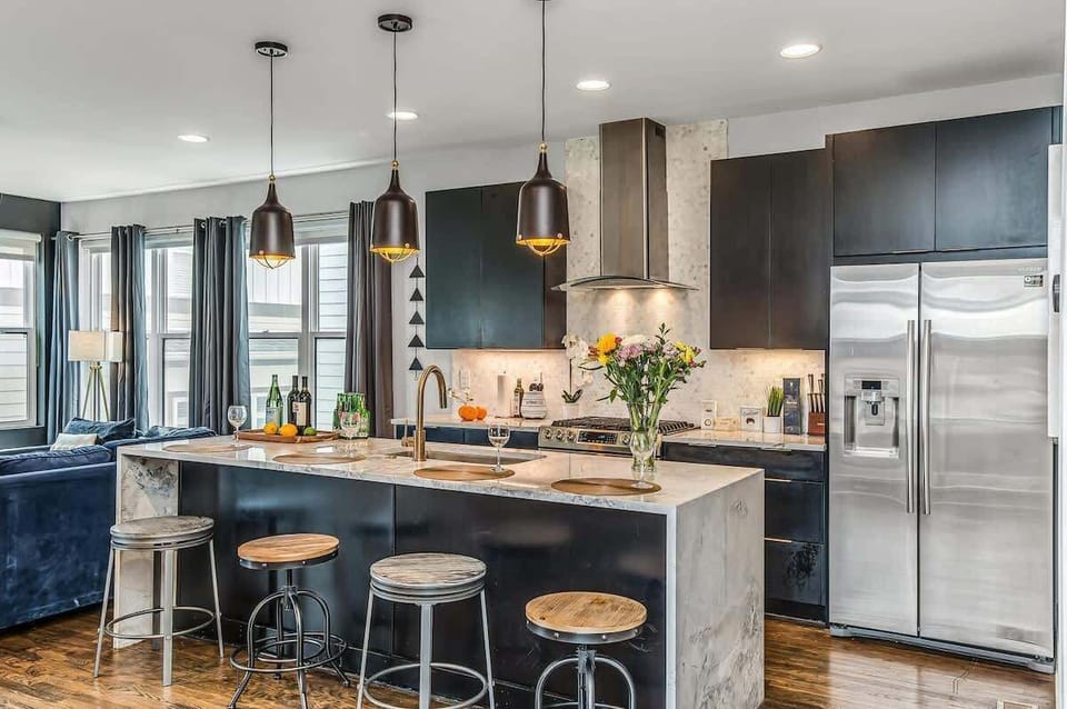 Bright and stylish kitchen with modern appliances, stocked essentials, and a coffee station ready for your morning brew.