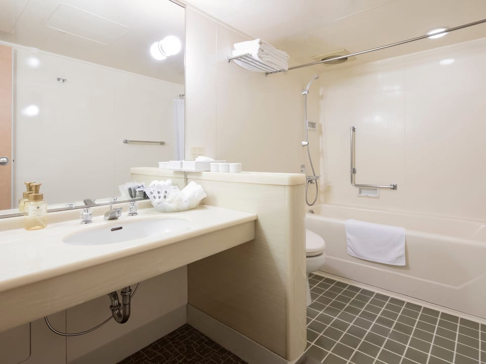 Combined shower/tub, free toiletries, hair dryer, slippers