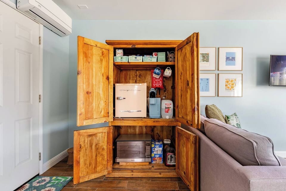 Mini fridge, Keurig, microwave and toaster for your use.