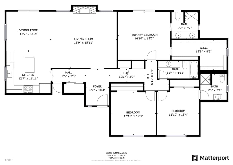 The floor plan shows a single-level layout with connected common spaces